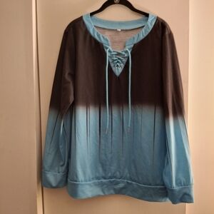 Turquoise Blue and Black Ombre Women's Lace-Up Sweatshirt